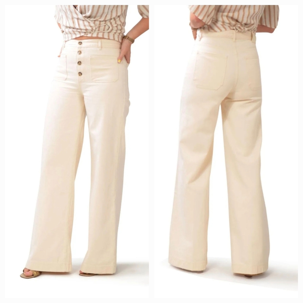 Massimo Dutti Cream Jeans US 6 High Rise Wide Flare Leg Full Length Button Fly - Picture 2 of 13